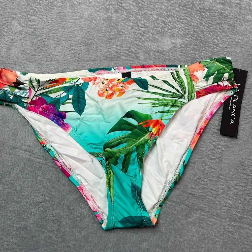 La Blanca Women Side Shirred Hipster‎ Bottom Bright Aqua Tropicalia 16 MWT Beach